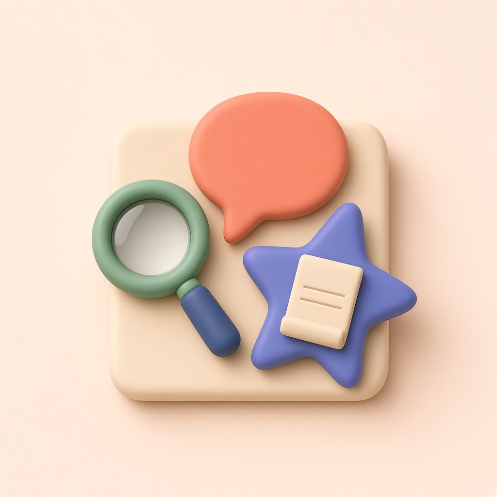 돋보기·말풍선·별이 함께 있는 3D 클레이 아이콘