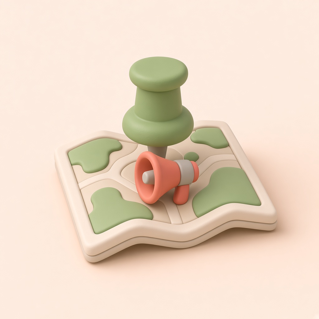 지도와 확성기가 있는 3D 클레이 아이콘