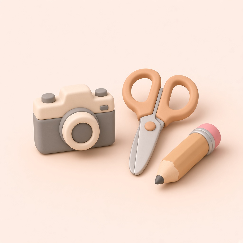 카메라와 가위가 있는 3D 클레이 아이콘