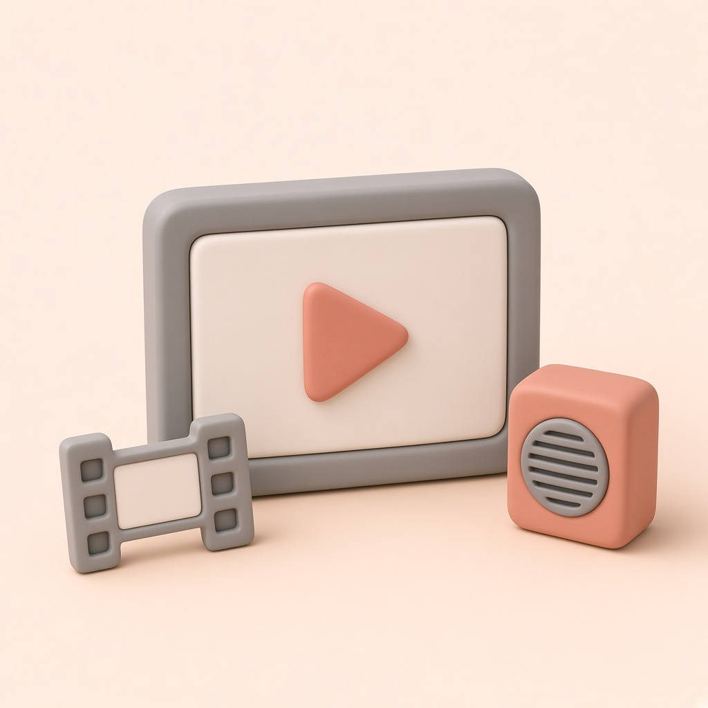 영상 화면과 재생 버튼이 있는 3D 클레이 아이콘